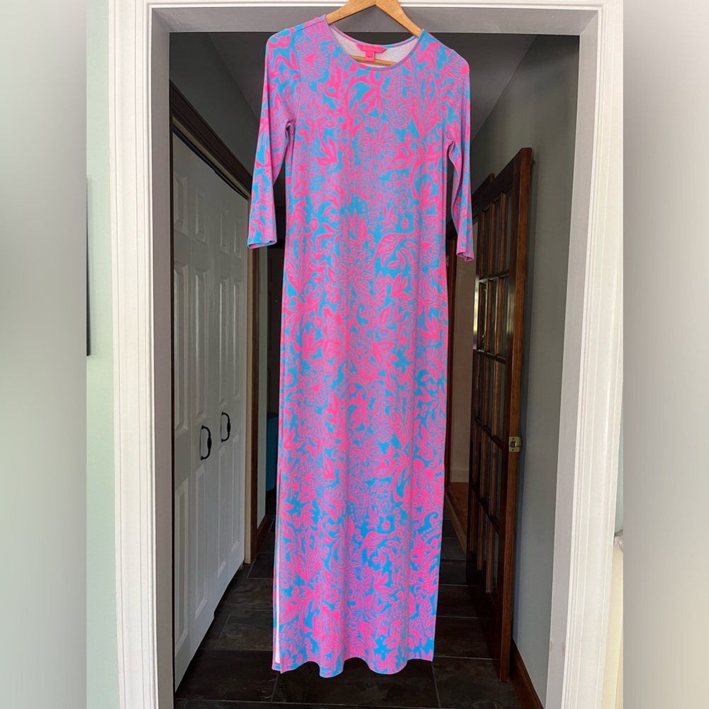 Lilly Pulitzer Cotton 3/4 Sleeve Round Neck Maxi Dress Size Sm Pink Blue Print